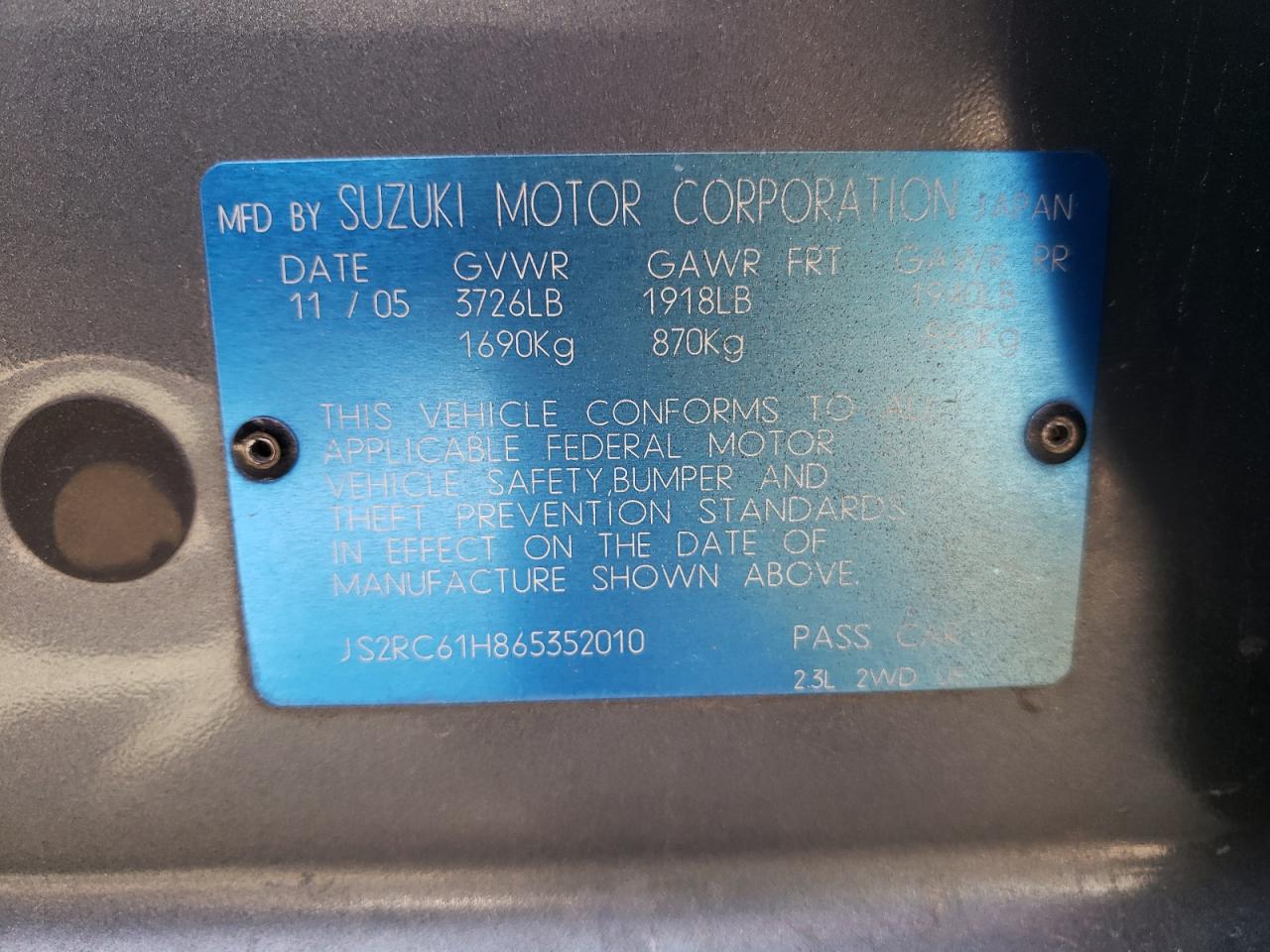 Photo 10 from auction – 2006 SUZUKI AERIO PREM with VIN JS2RC61H865352010