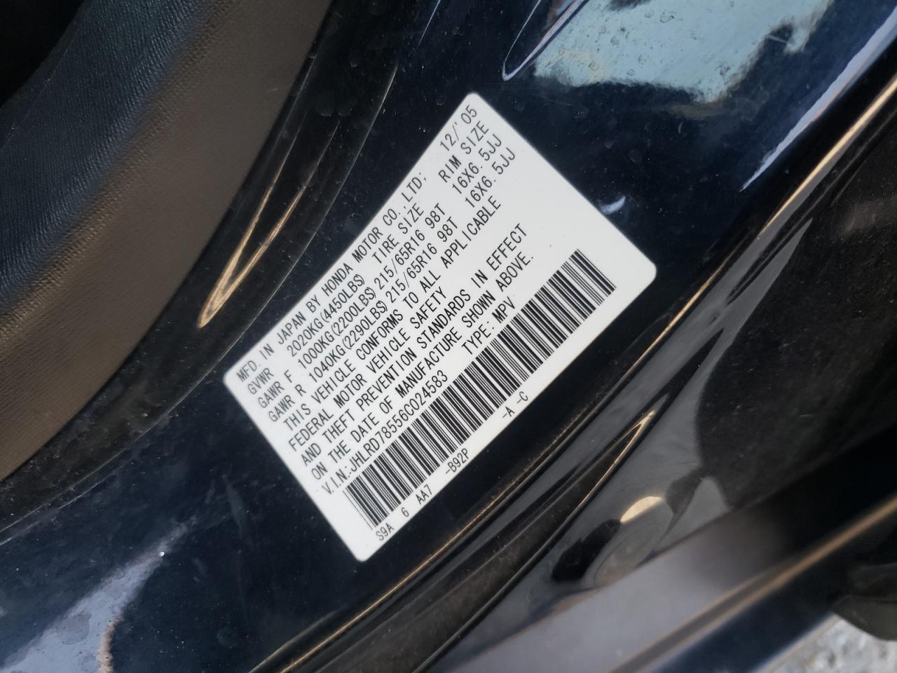 Photo 10 from auction – 2006 HONDA CR-V LX with VIN JHLRD78556C024583