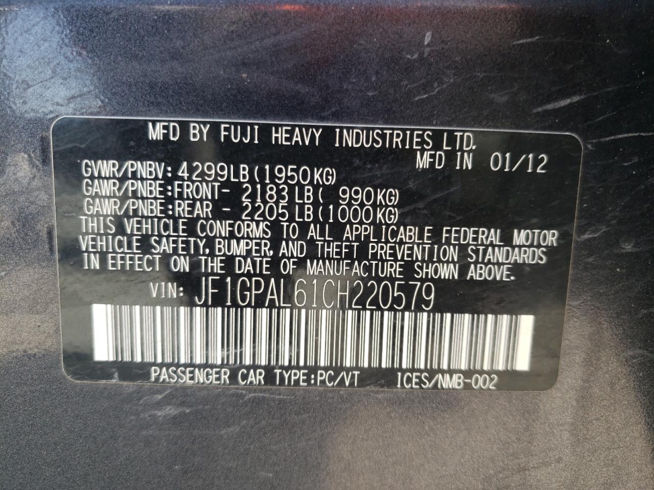 صورة رقم 10 من المزاد - 2012 SUBARU IMPREZA SP مع VIN JF1GPAL61CH220579