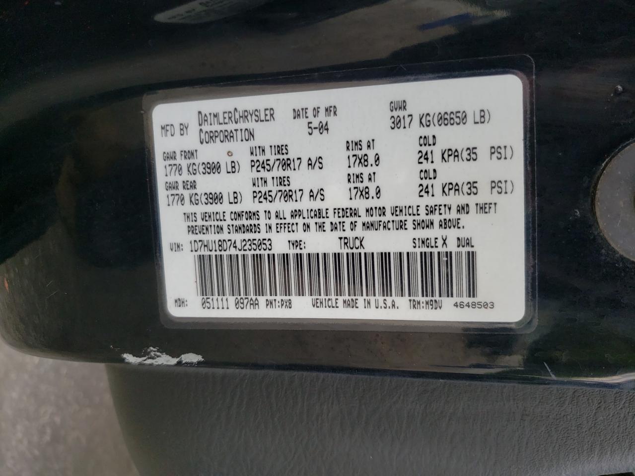 Photo 10 from auction – 2004 DODGE RAM 1500 S with VIN 1D7HU18D74J235053