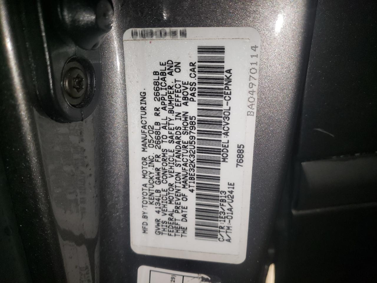 Photo 10 from auction – 2002 TOYOTA CAMRY LE with VIN 4T1BE32K32U597985