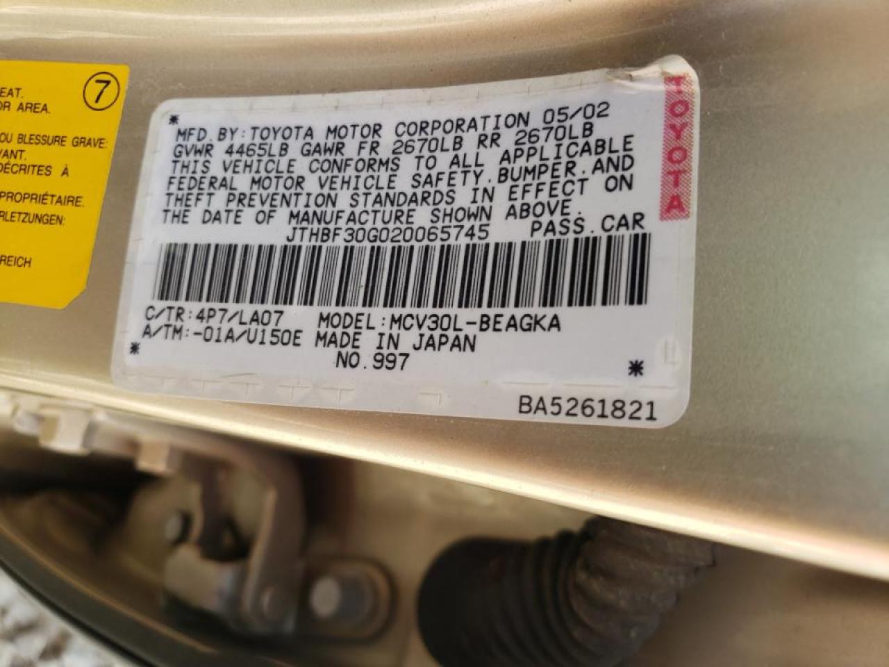 Photo 10 from auction – 2002 LEXUS ES 300 with VIN JTHBF30G020065745