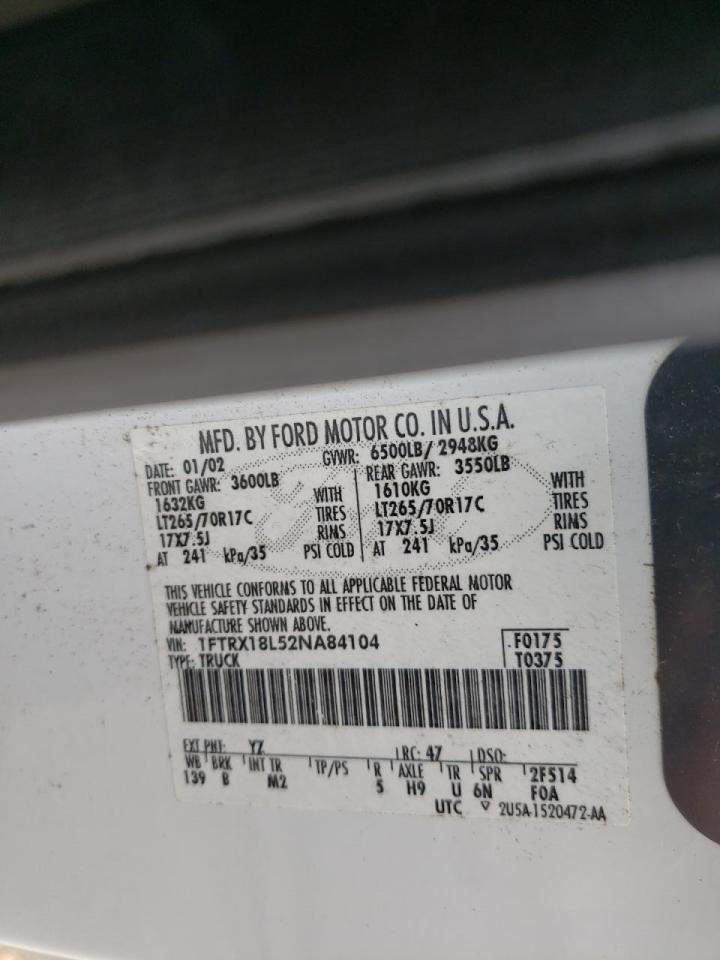 Photo 10 from auction – 2002 FORD F150 with VIN 1FTRX18L52NA84104