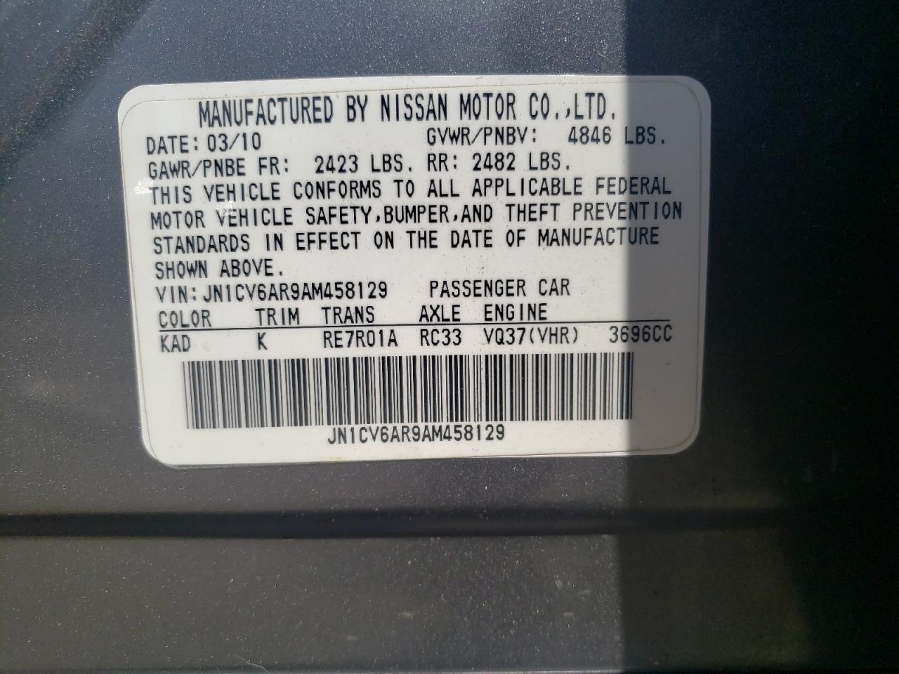 Photo 10 from auction – 2010 INFINITI G37 with VIN JN1CV6AR9AM458129