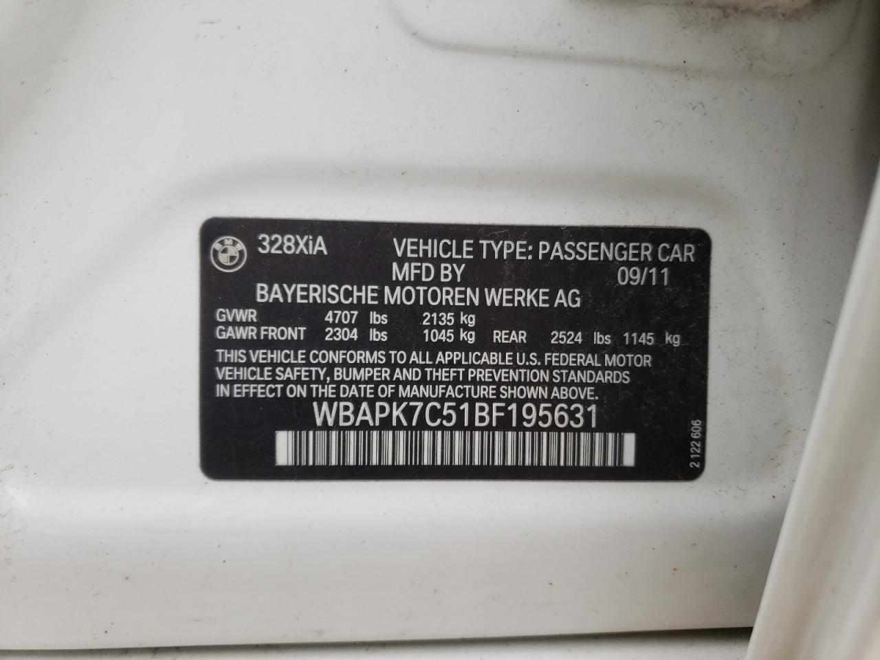 صورة رقم 10 من المزاد - 2011 BMW 328 XI مع VIN WBAPK7C51BF195631