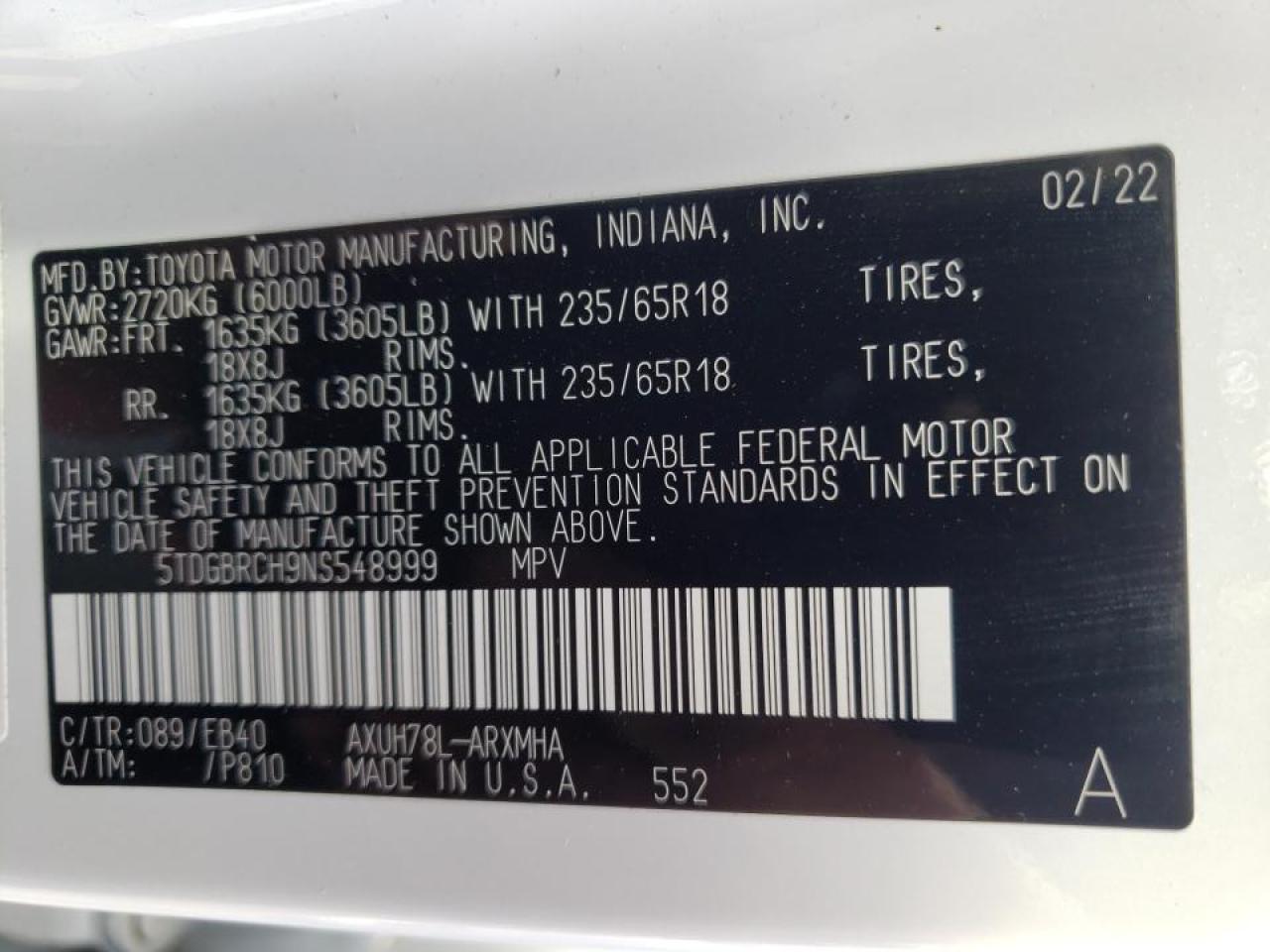Photo 10 from auction – 2022 TOYOTA HIGHLANDER with VIN 5TDGBRCH9NS548999