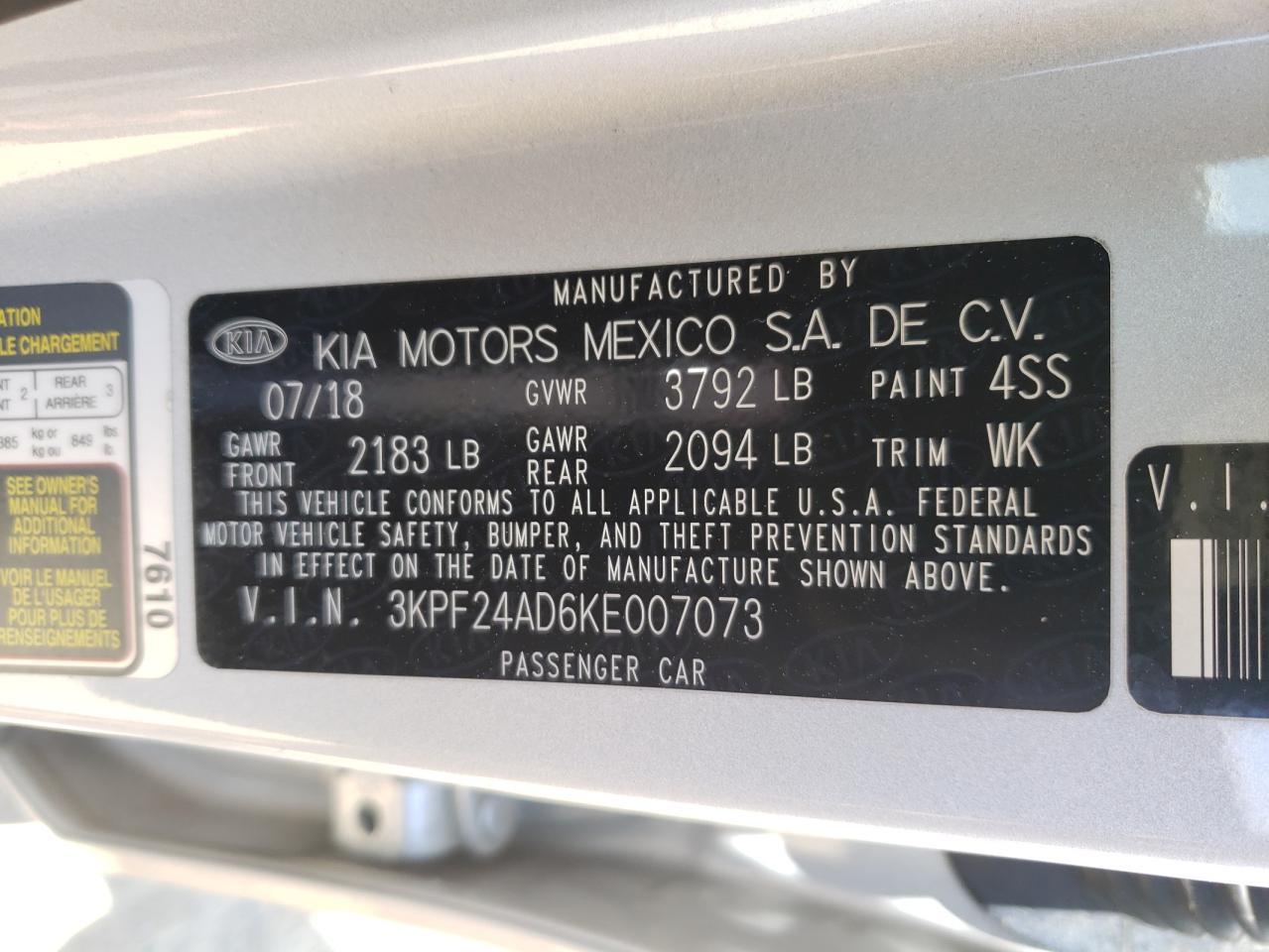 Photo 10 from auction – 2019 KIA FORTE FE with VIN 3KPF24AD6KE007073