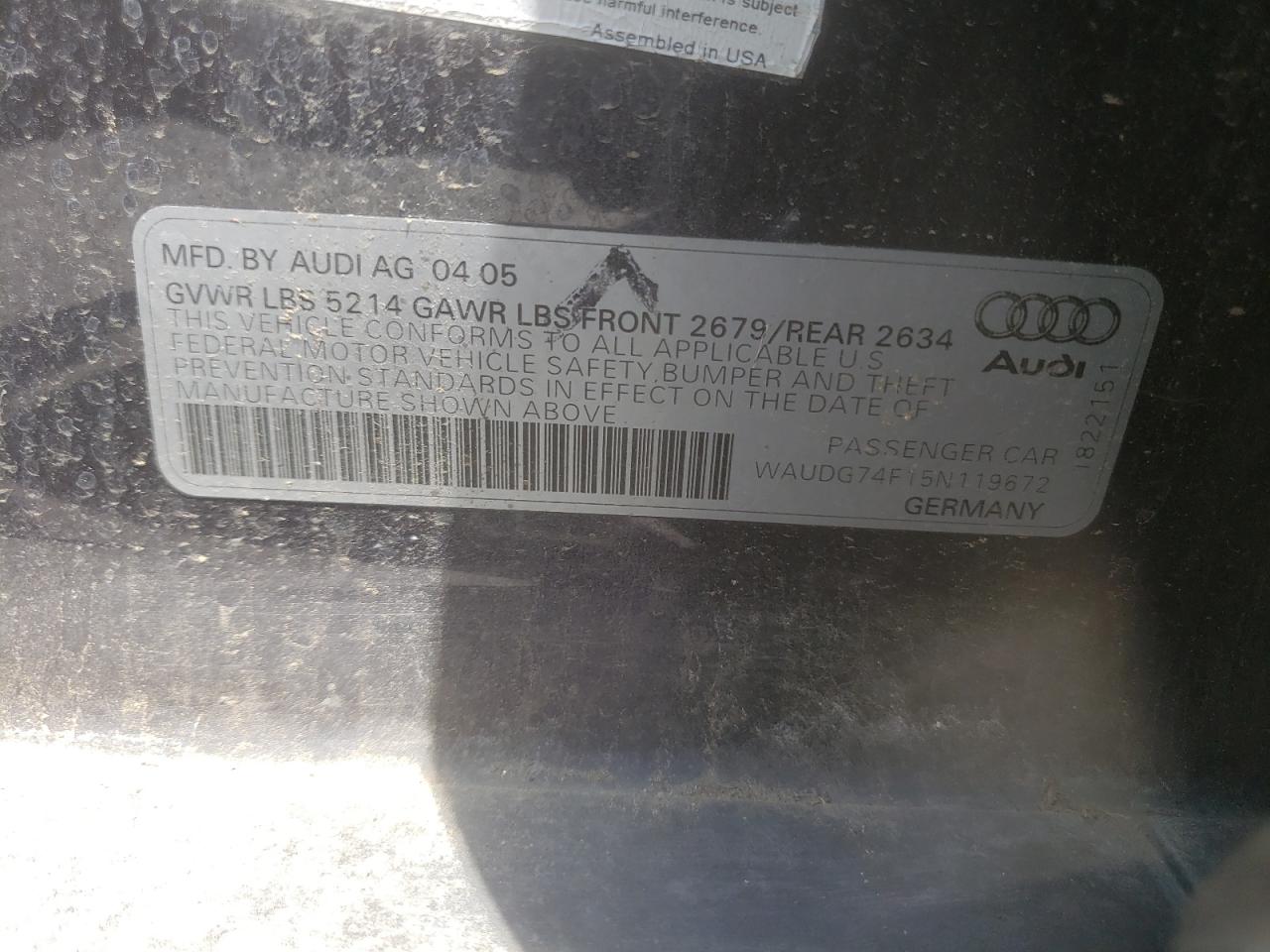 Photo 10 from auction – 2005 AUDI A6 3.2 QUA with VIN WAUDG74F15N119672