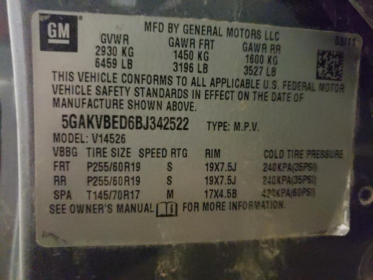 Photo 10 from auction – 2011 BUICK ENCLAVE CX with VIN 5GAKVBED6BJ342522