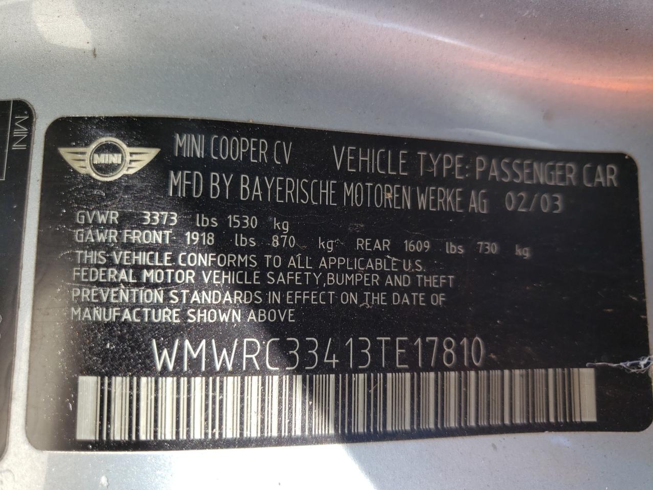 Photo 10 from auction – 2003 MINI COOPER with VIN WMWRC33413TE17810