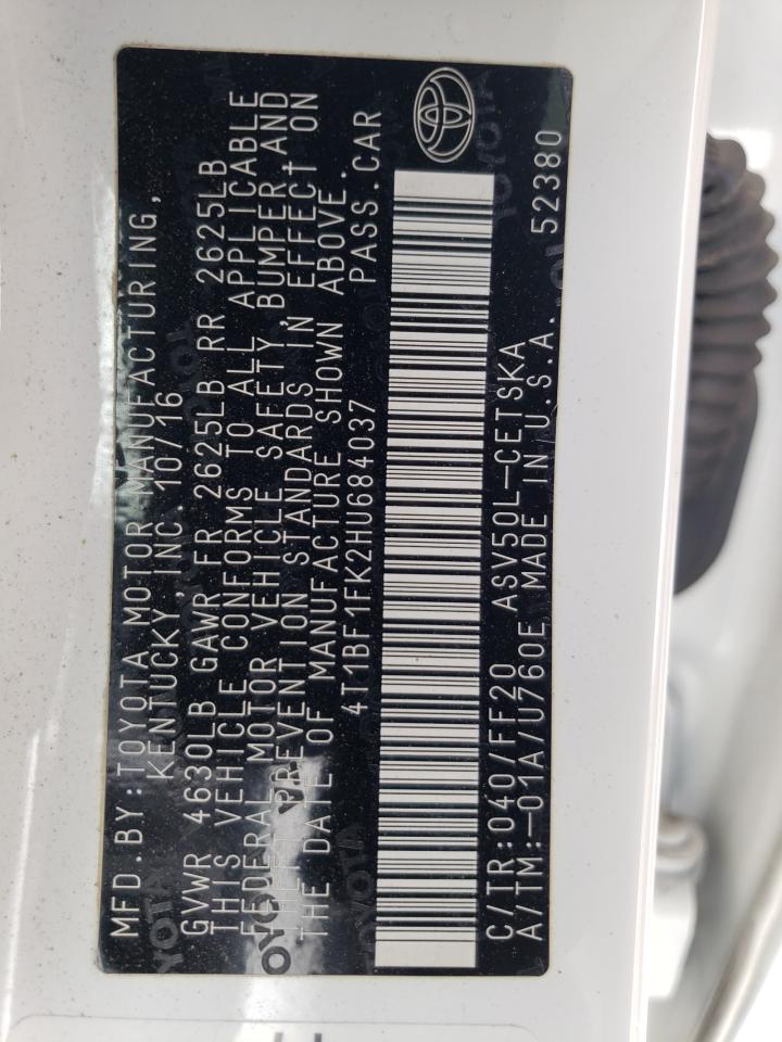 Photo 10 from auction – 2017 TOYOTA CAMRY LE with VIN 4T1BF1FK2HU684037