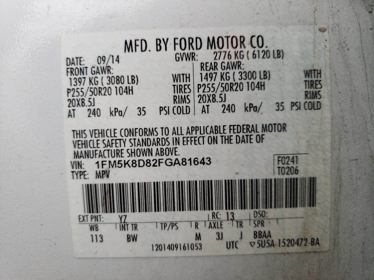 Photo 10 from auction – 2015 FORD EXPLORER X with VIN 1FM5K8D82FGA81643