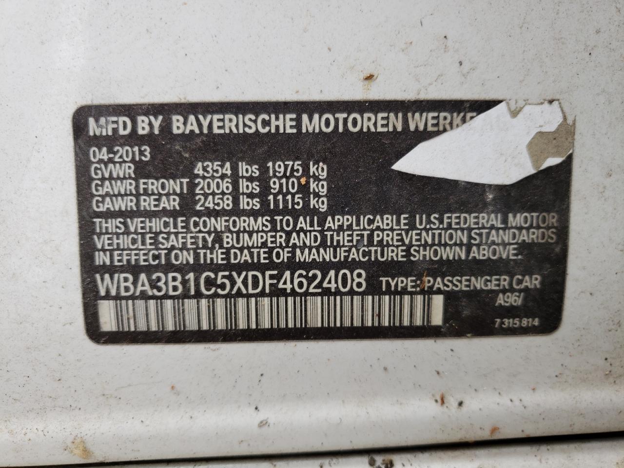 Photo 10 from auction – 2013 BMW 320 I with VIN WBA3B1C5XDF462408