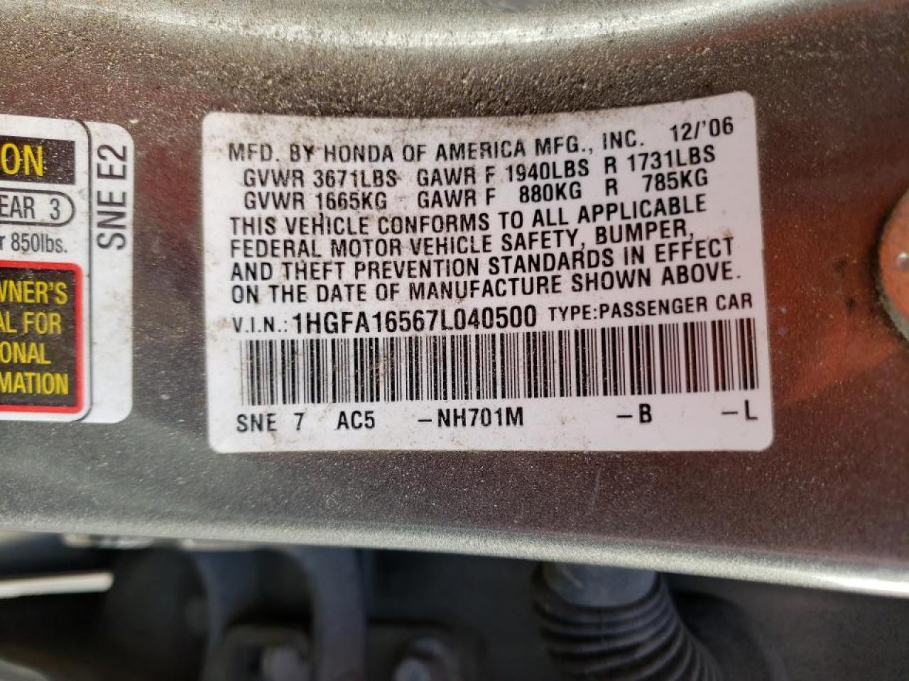 Photo 10 from auction – 2007 HONDA CIVIC with VIN 1HGFA16567L040500