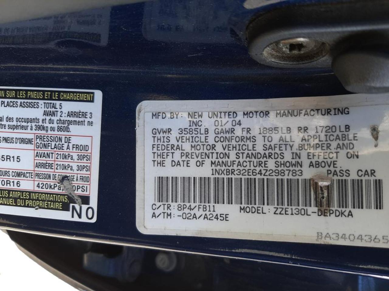 Photo 10 from auction – 2004 TOYOTA COROLLA CE with VIN 1NXBR32E64Z298783