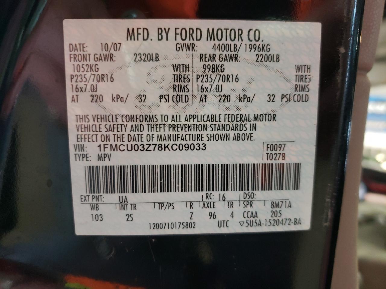 Photo 10 from auction – 2008 FORD ESCAPE XLT with VIN 1FMCU03Z78KC09033