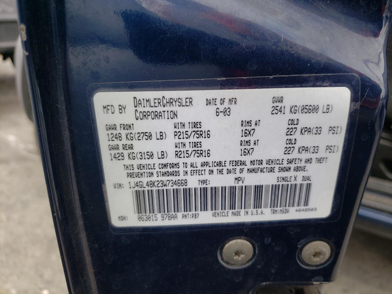 Photo 10 from auction – 2003 JEEP LIBERTY SP with VIN 1J4GL48K23W734668