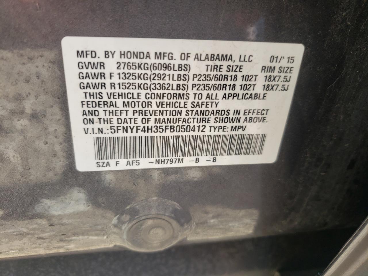 Photo 10 from auction – 2015 HONDA PILOT SE with VIN 5FNYF4H35FB050412