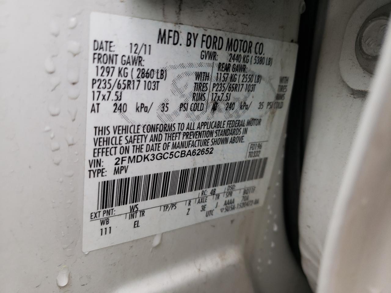 Photo 10 from auction – 2012 FORD EDGE SE with VIN 2FMDK3GC5CBA62652