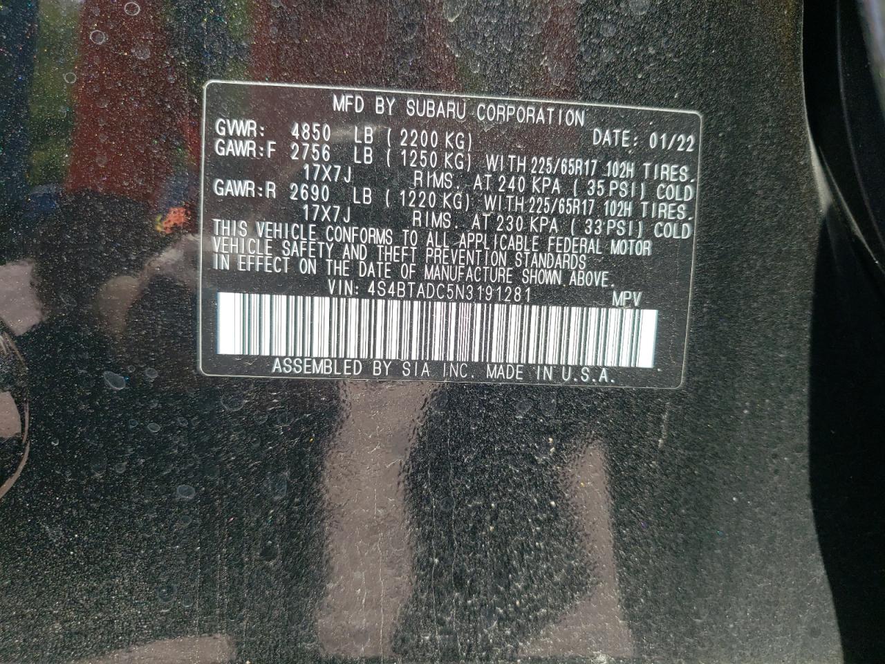 Photo 10 from auction – 2022 SUBARU OUTBACK PR with VIN 4S4BTADC5N3191281