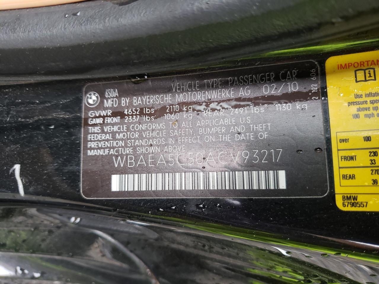 Photo 10 from auction – 2010 BMW 650 I with VIN WBAEA5C50ACV93217