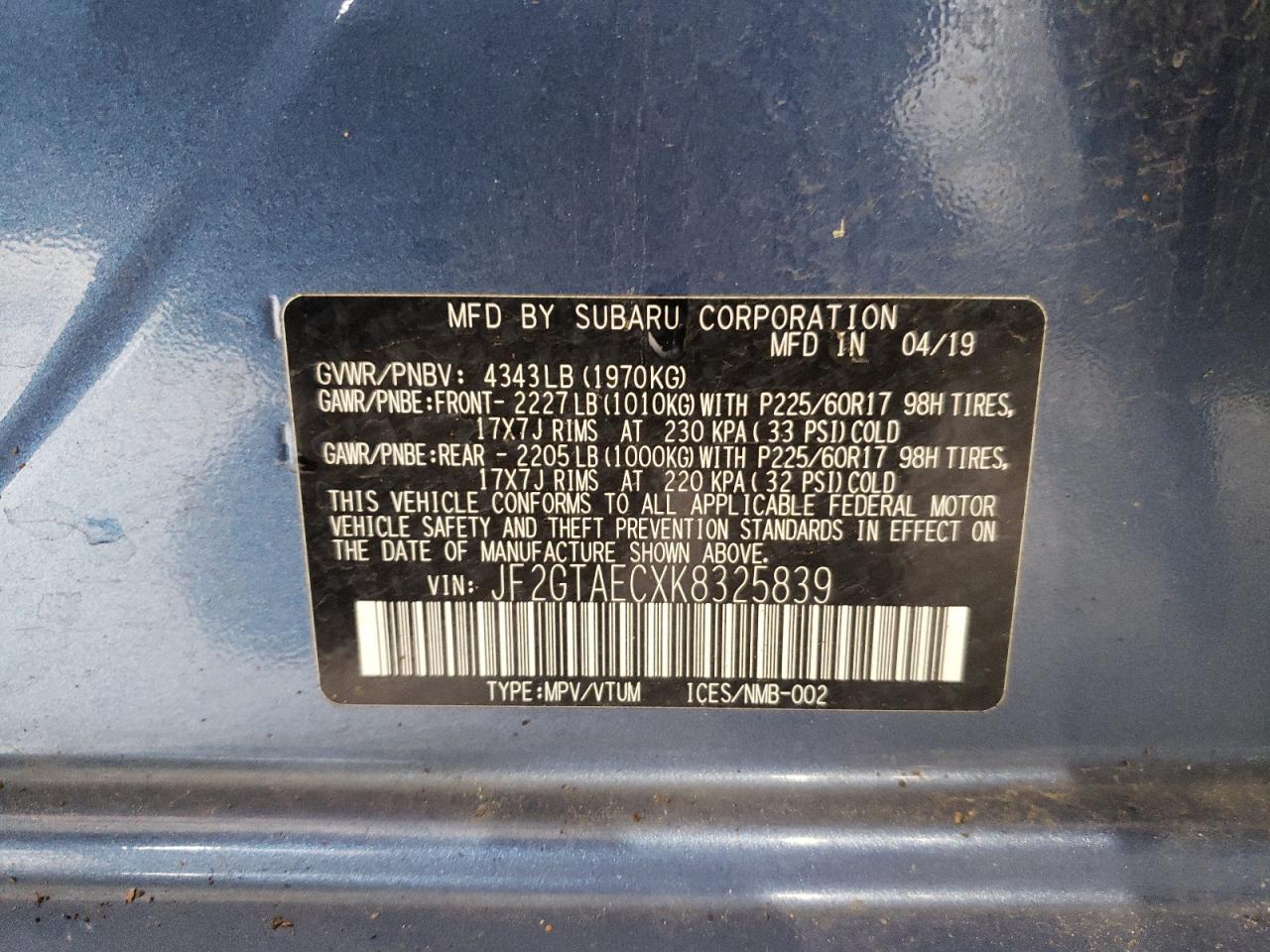Photo 10 from auction – 2019 SUBARU CROSSTREK with VIN JF2GTAECXK8325839