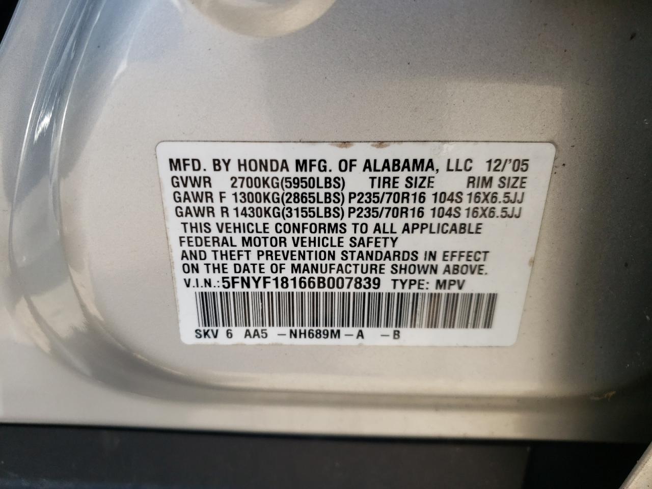 Photo 10 from auction – 2006 HONDA PILOT LX with VIN 5FNYF18166B007839