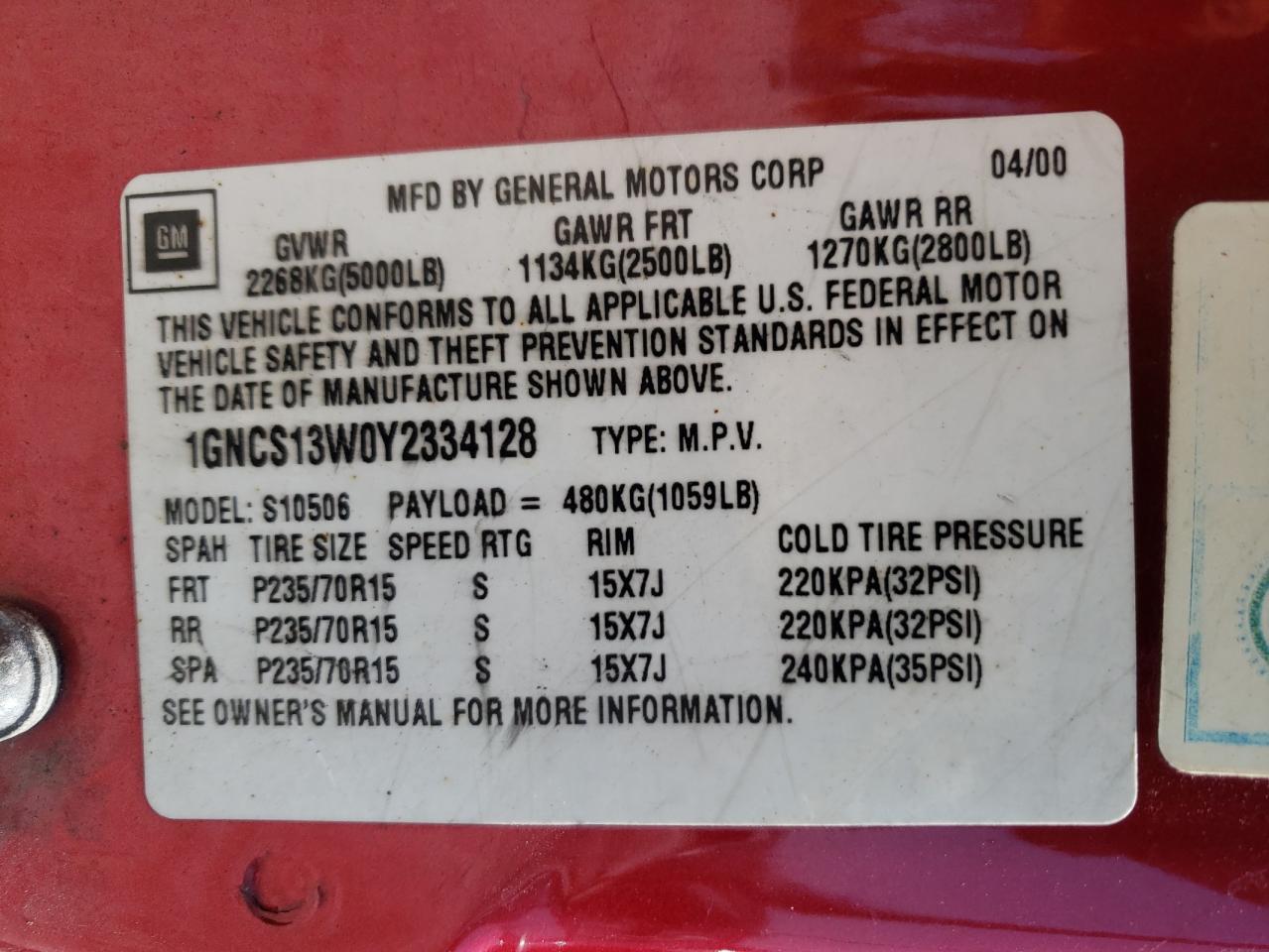Photo 10 from auction – 2000 CHEVROLET BLAZER with VIN 1GNCS13W0Y2334128