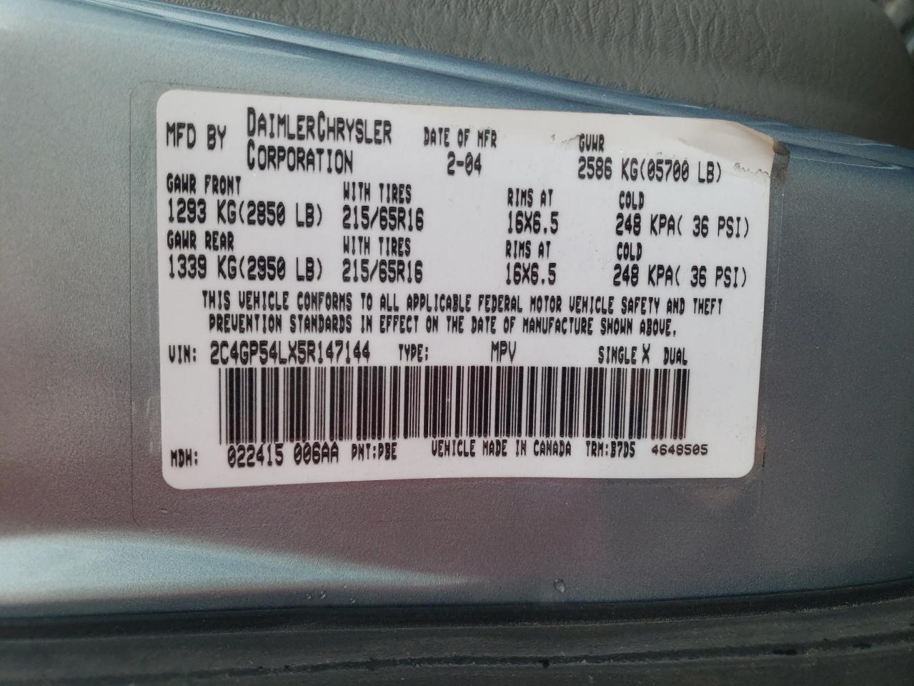 Photo 10 from auction – 2005 CHRYSLER TOWN AND C with VIN 2C4GP54LX5R147144