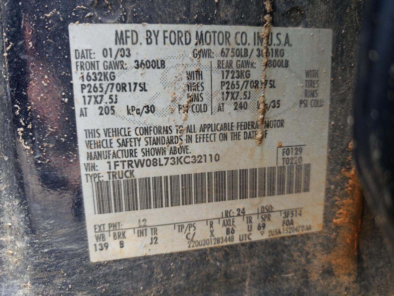 Photo 10 from auction – 2003 FORD F150 with VIN 1FTRW08L73KC32110