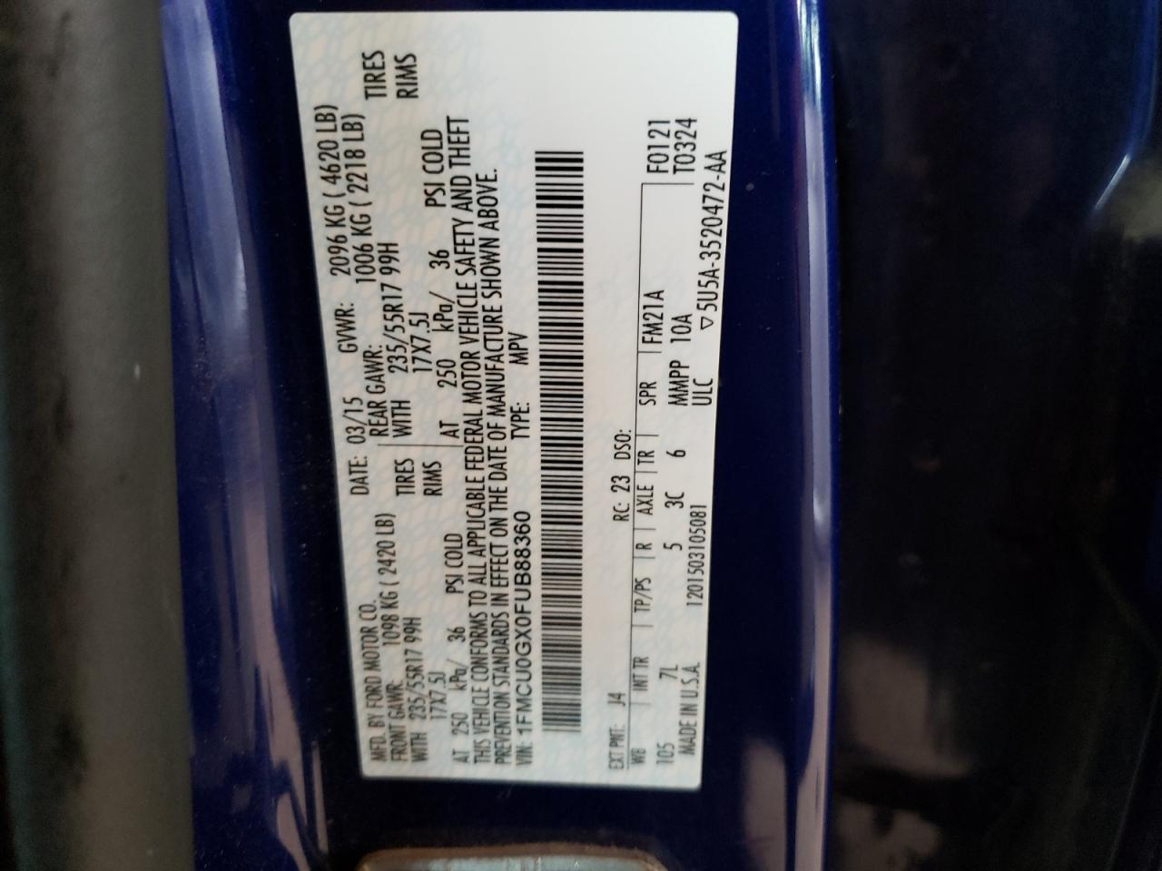 Photo 10 from auction – 2015 FORD ESCAPE SE with VIN 1FMCU0GX0FUB88360