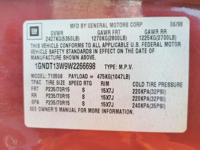Photo 10 from auction – 1998 CHEVROLET BLAZER with VIN 1GNDT13W9W2266698