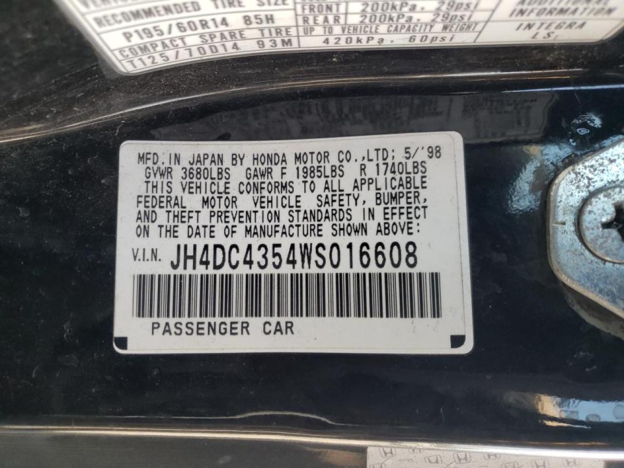 Photo 10 from auction – 1998 ACURA INTEGRA with VIN JH4DC4354WS016608