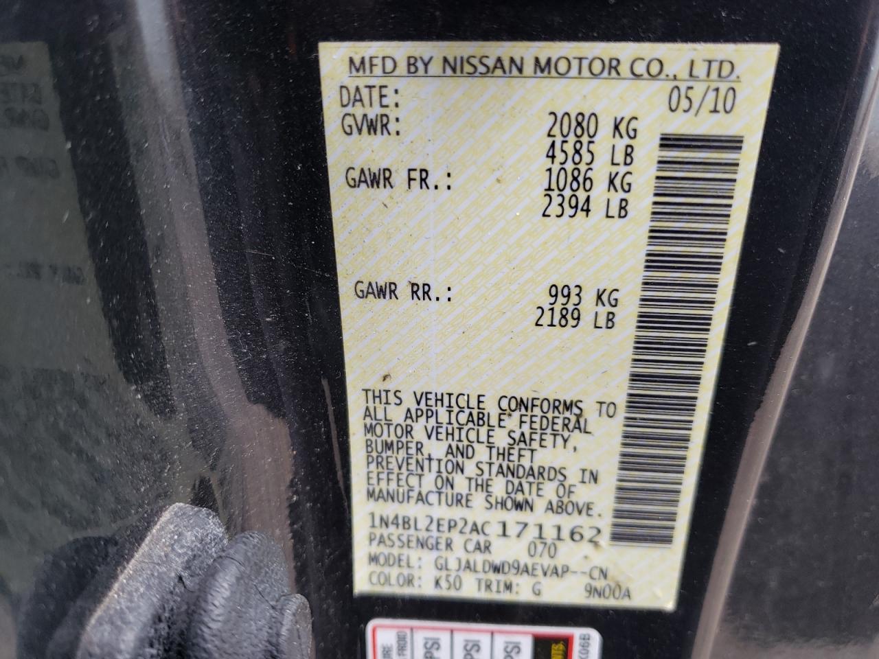 Photo 10 from auction – 2010 NISSAN ALTIMA SR with VIN 1N4BL2EP2AC171162