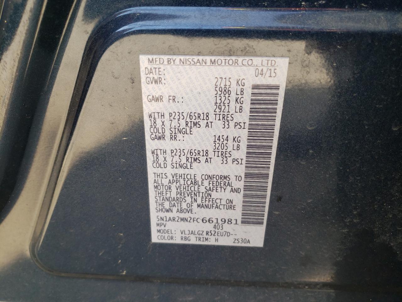 Photo 10 from auction – 2015 NISSAN PATHFINDER with VIN 5N1AR2MN2FC661981
