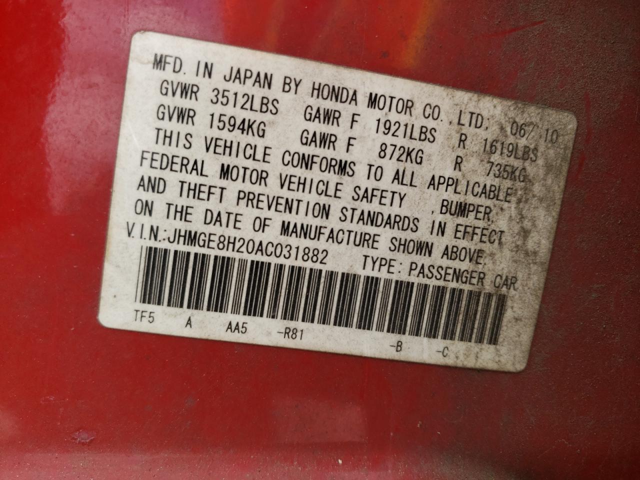 Photo 10 from auction – 2010 HONDA FIT with VIN JHMGE8H20AC031882