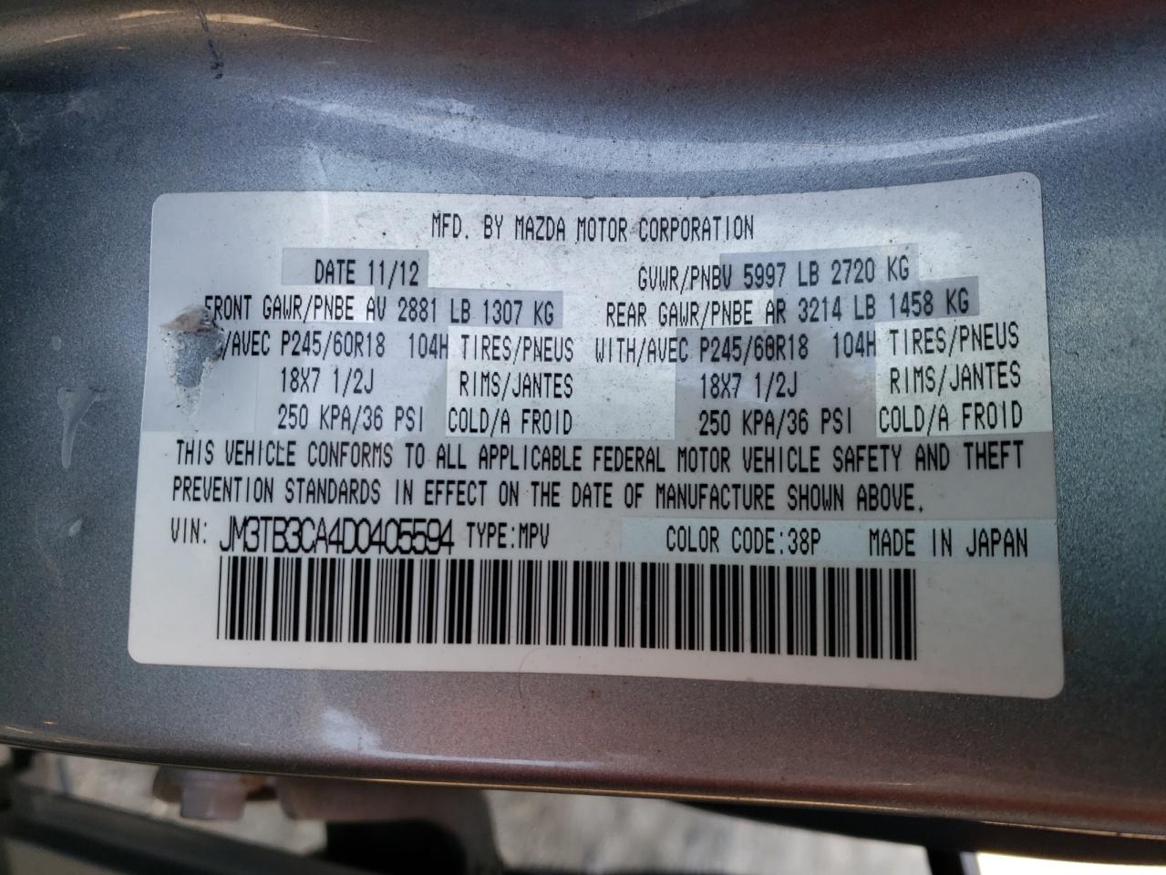 Photo 10 from auction – 2013 MAZDA CX-9 TOURI with VIN JM3TB3CA4D0405594