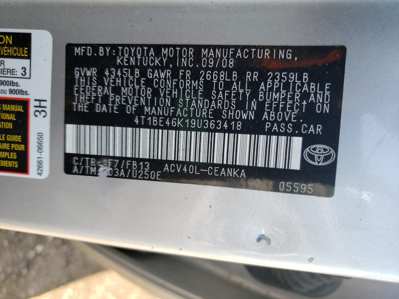 Photo 10 from auction – 2009 TOYOTA CAMRY BASE with VIN 4T1BE46K19U363418