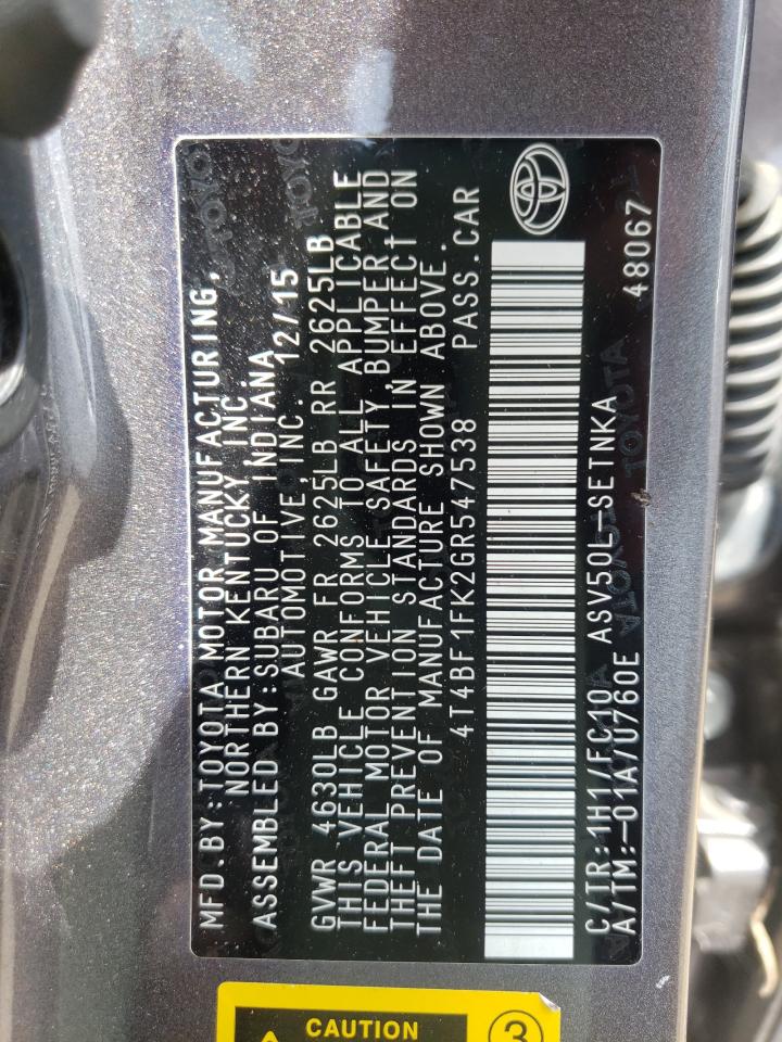 Photo 10 from auction – 2016 TOYOTA CAMRY LE with VIN 4T4BF1FK2GR547538