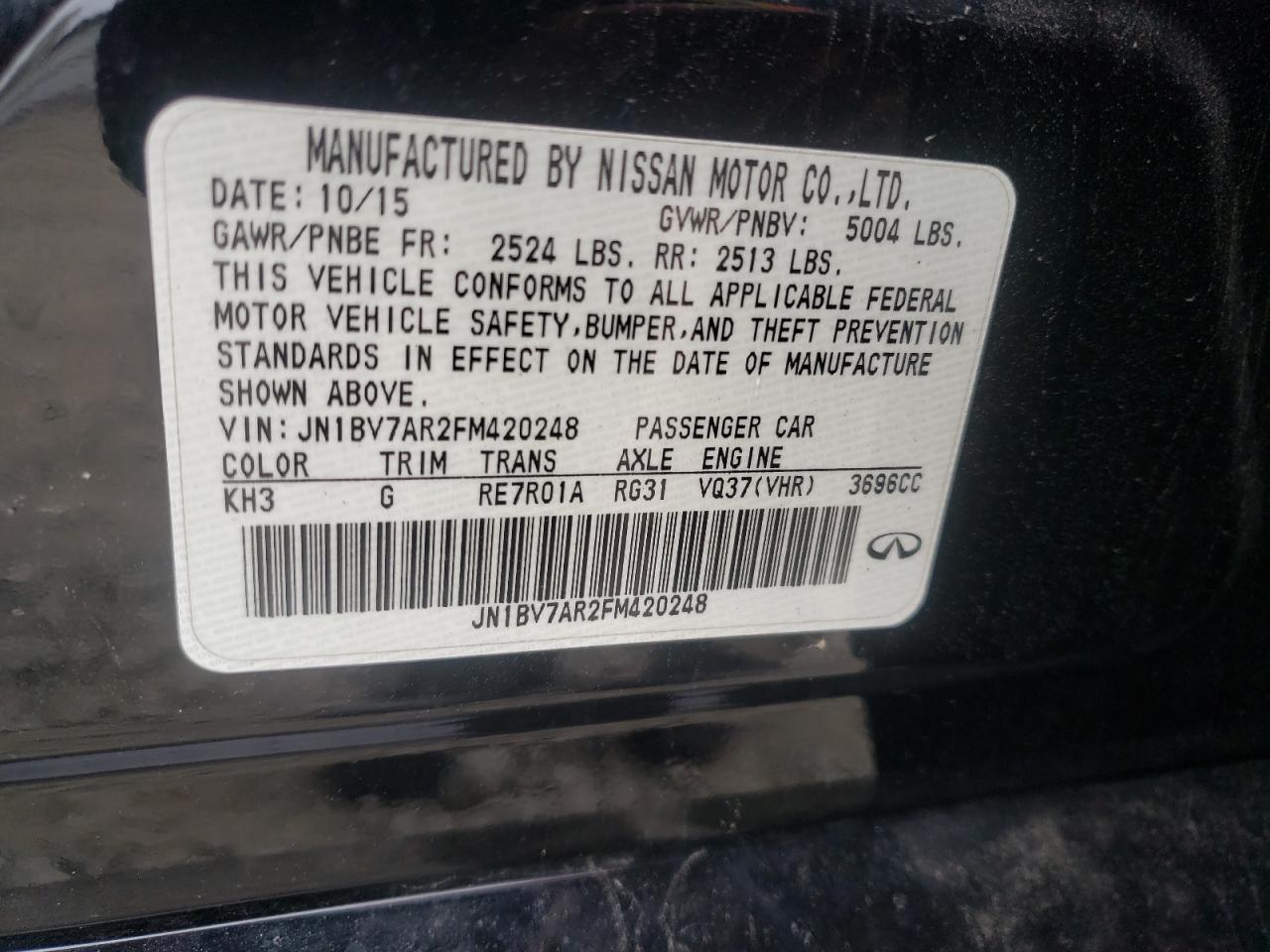 Photo 10 from auction – 2015 INFINITI Q50 BASE with VIN JN1BV7AR2FM420248