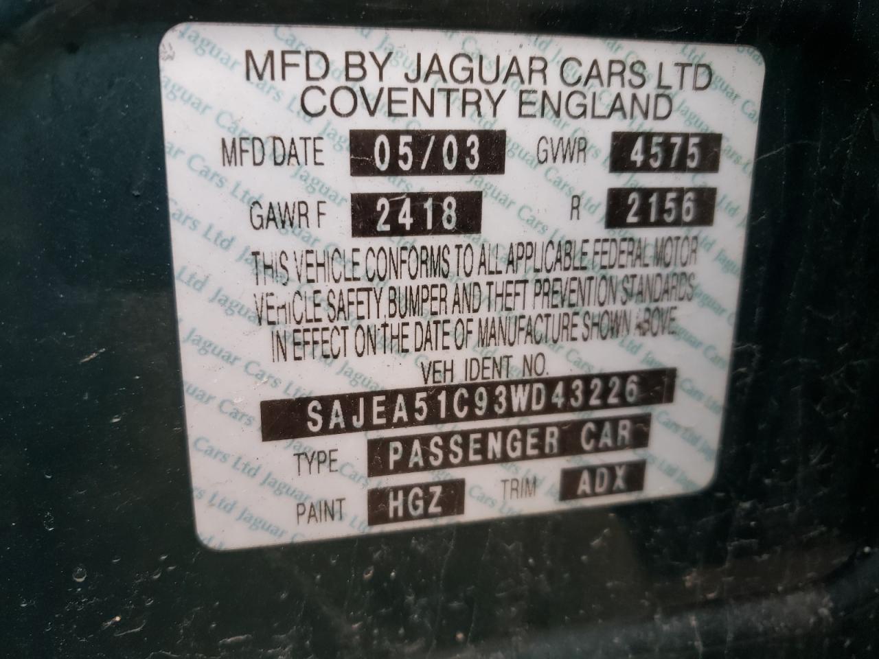 Photo 10 from auction – 2003 JAGUAR X-TYPE 3.0 with VIN SAJEA51C93WD43226