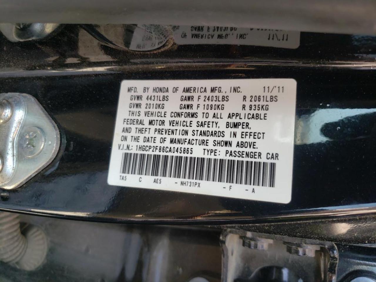 Photo 10 from auction – 2012 HONDA ACCORD EXL with VIN 1HGCP2F86CA045865