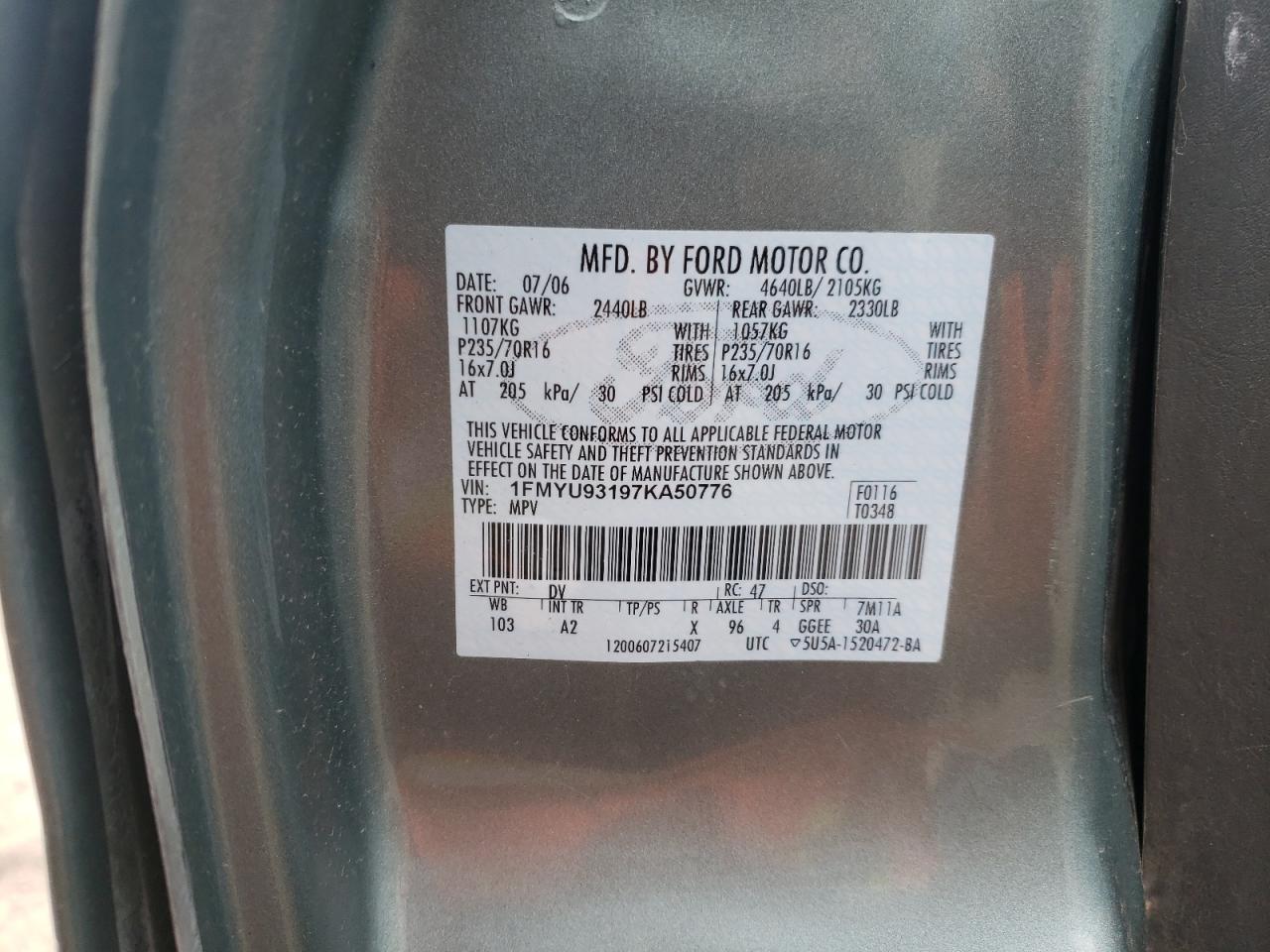 Photo 10 from auction – 2007 FORD ESCAPE XLT with VIN 1FMYU93197KA50776