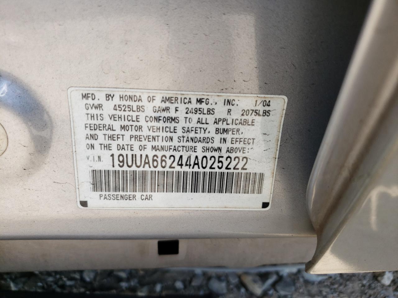 Photo 10 from auction – 2004 ACURA TL with VIN 19UUA66244A025222