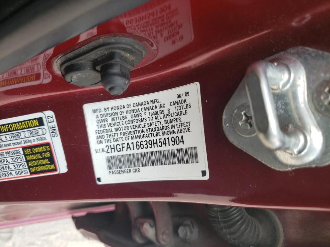 Photo 10 from auction – 2009 HONDA CIVIC with VIN 2HGFA16639H541904