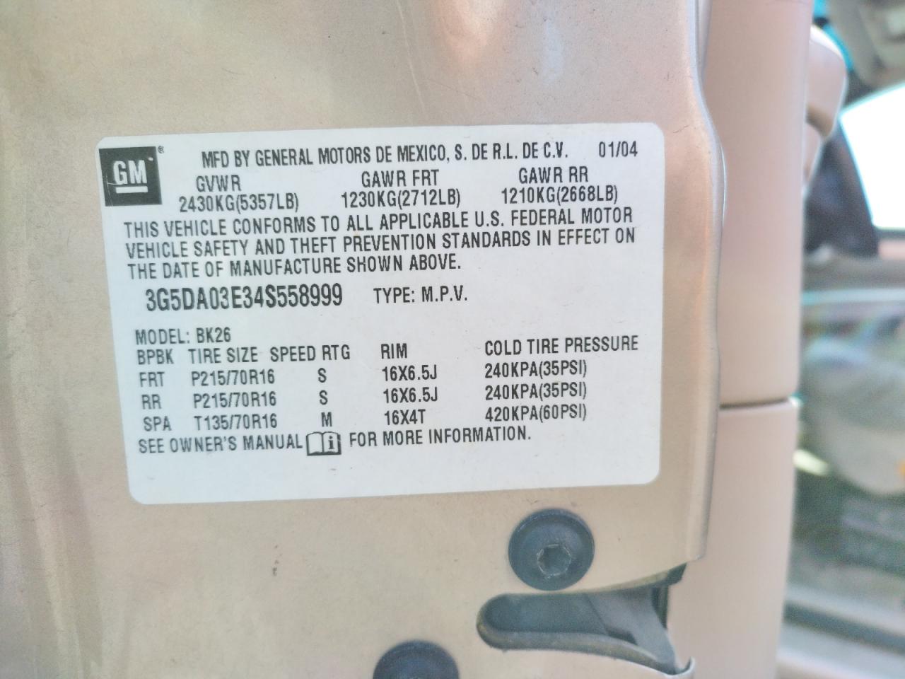 Photo 10 from auction – 2004 BUICK RENDEZVOUS with VIN 3G5DA03E34S558999