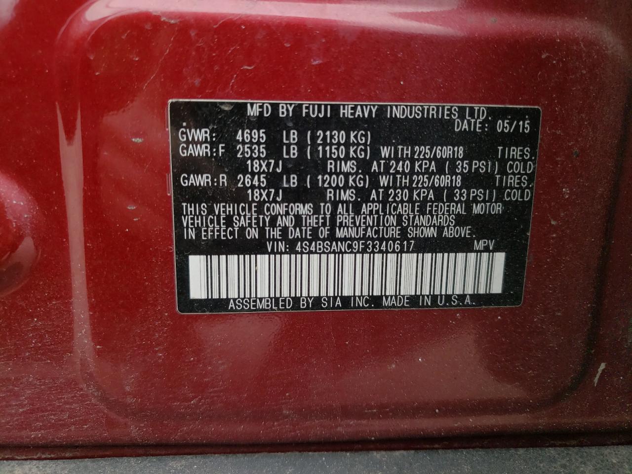 Photo 10 from auction – 2015 SUBARU OUTBACK 2. with VIN 4S4BSANC9F3340617