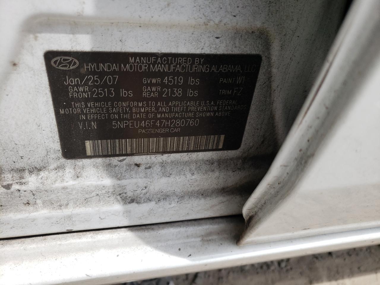Photo 10 from auction – 2007 HYUNDAI SONATA SE with VIN 5NPEU46F47H280760