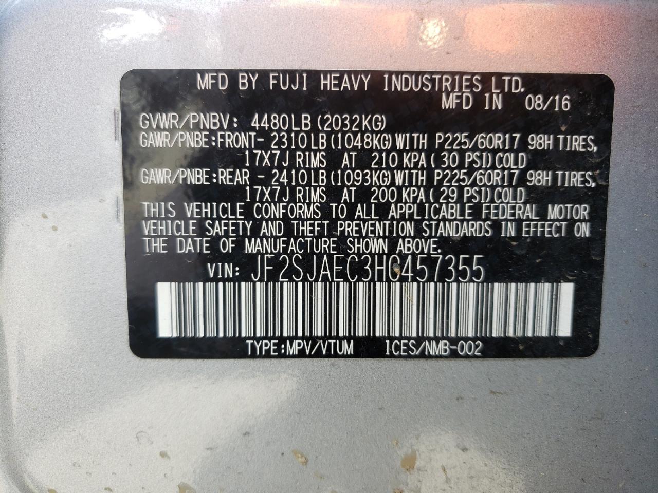 Photo 10 from auction – 2017 SUBARU FORESTER 2 with VIN JF2SJAEC3HG457355