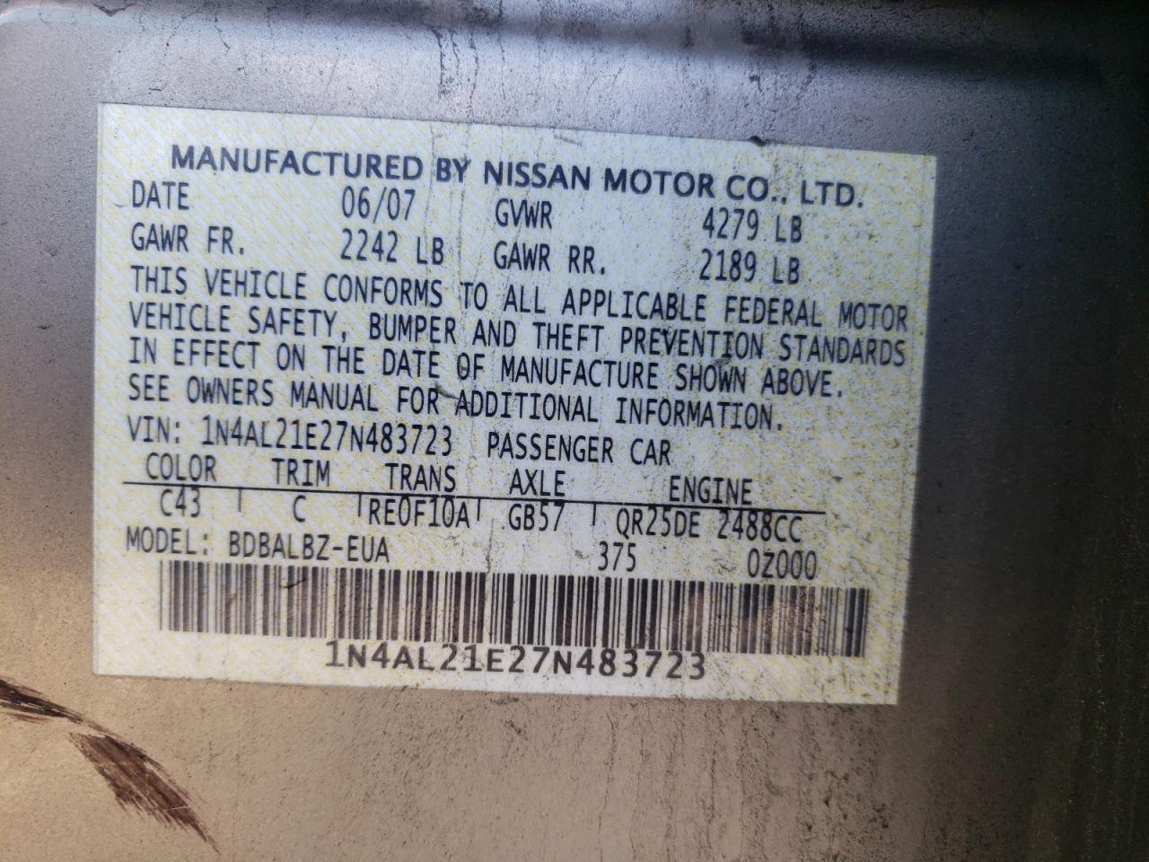Photo 10 from auction – 2007 NISSAN ALTIMA 2.5 with VIN 1N4AL21E27N483723